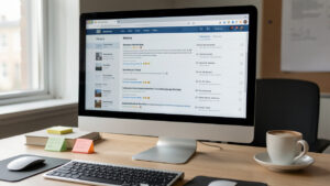 Photo éditoriale d’un bureau de studio web avec un écran d’ordinateur montrant une interface d’encyclopédie en ligne et un onglet historique ouvert, ambiance analyse SEO.