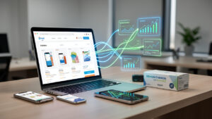 Bureau moderne d’agence e-commerce montrant un ordinateur, un smartphone, des produits et des connexions lumineuses symbolisant le lien entre trafic, fiches produits et ventes.