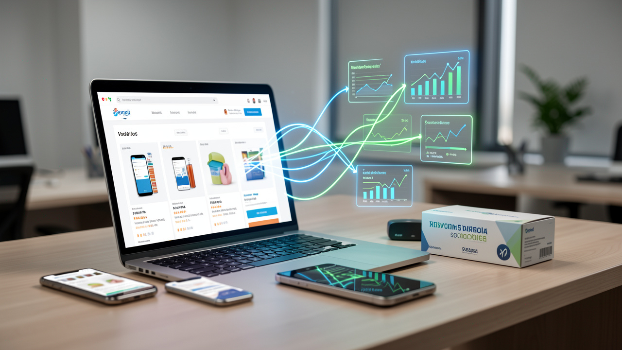 Bureau moderne d’agence e-commerce montrant un ordinateur, un smartphone, des produits et des connexions lumineuses symbolisant le lien entre trafic, fiches produits et ventes.