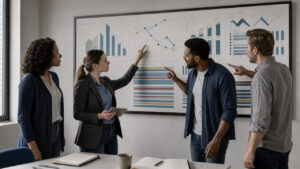Équipe d’agence digitale analysant ensemble un tableau de bord visuel sur la croissance, le pipeline commercial et la charge de production dans un bureau sobre.
