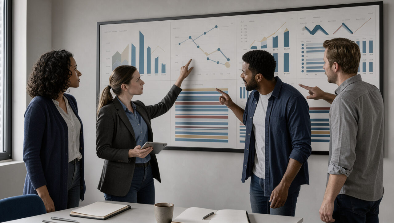 Équipe d’agence digitale analysant ensemble un tableau de bord visuel sur la croissance, le pipeline commercial et la charge de production dans un bureau sobre.